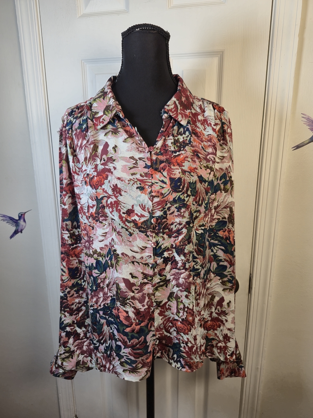 Rose + Olive Floral Button Down Multicolor Blouse Large - Picture 4 of 6